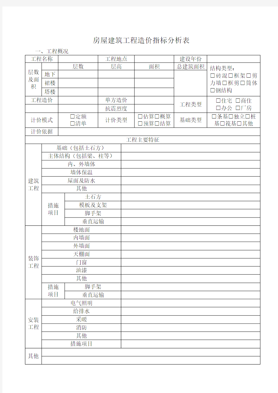 工程造价指标分析表