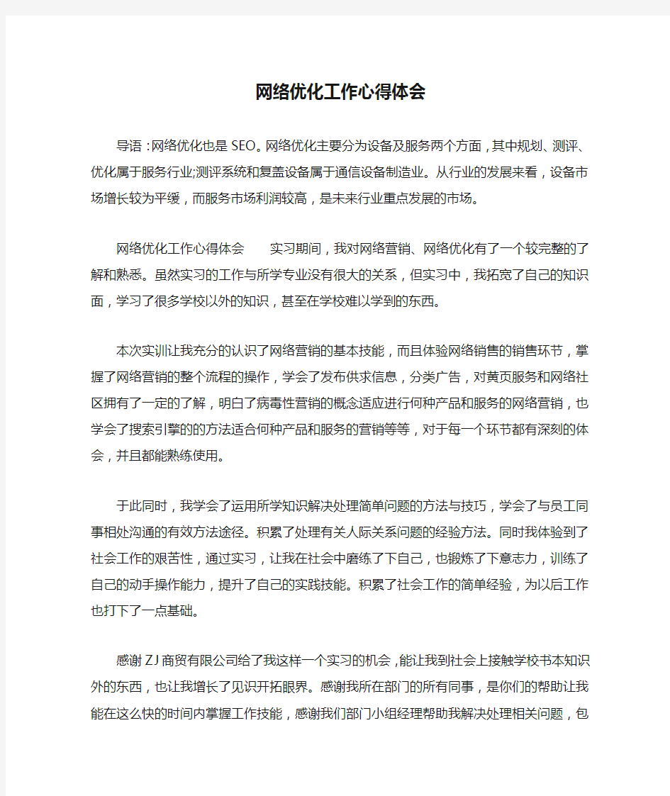 网络优化工作心得体会