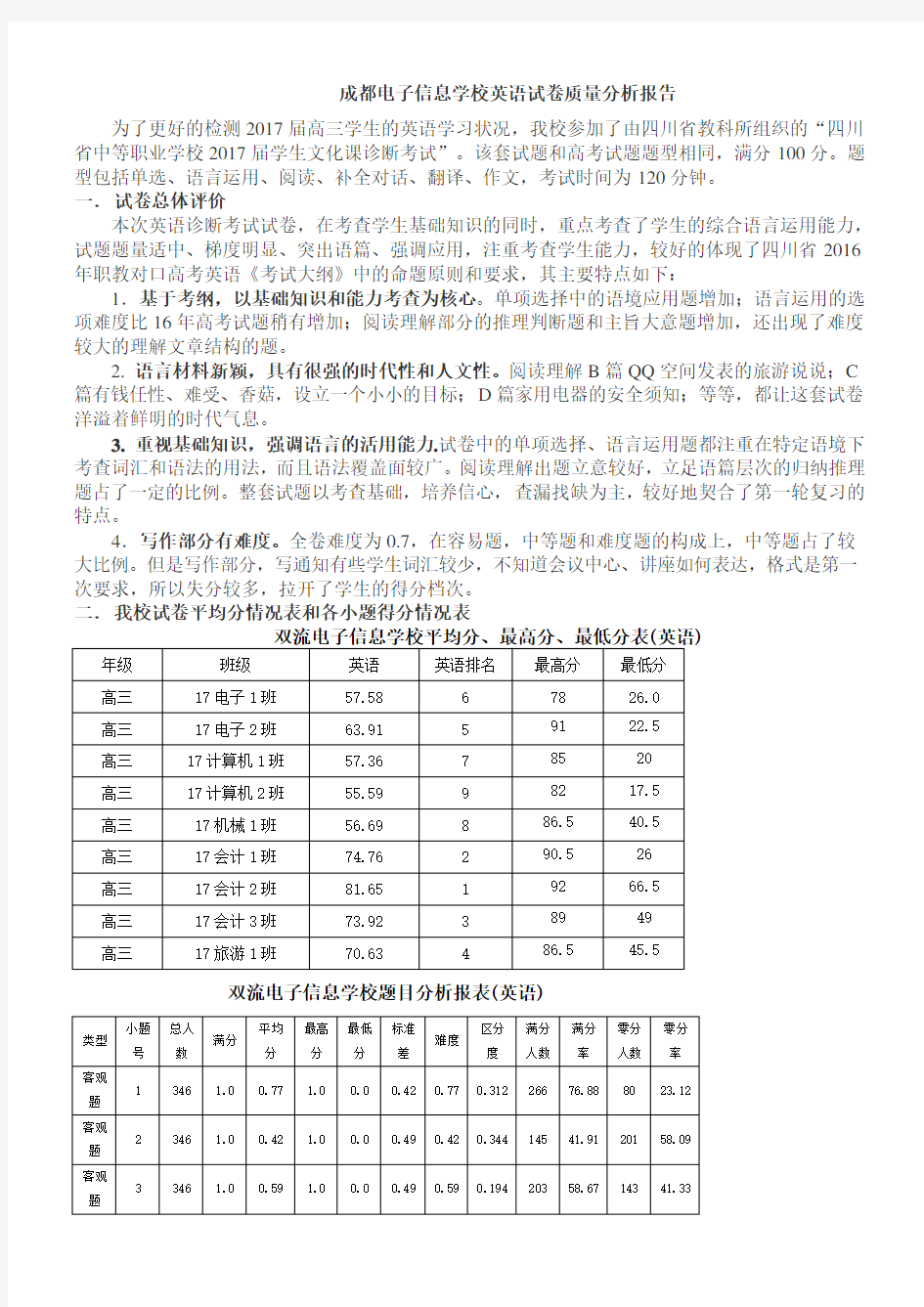 高三英语质量分析报告