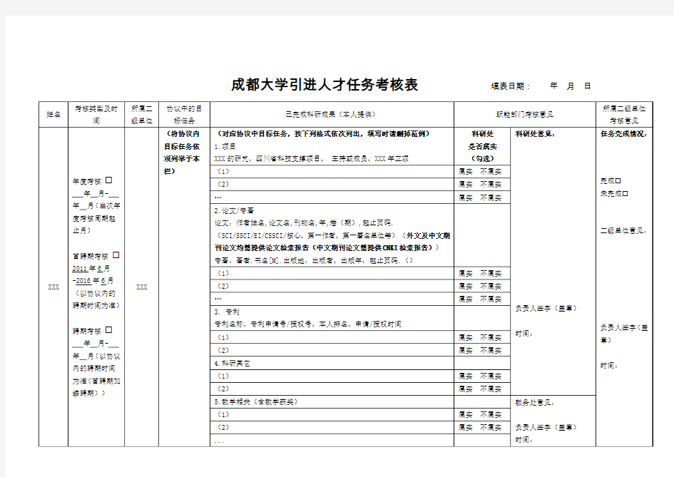 成都大学引进人才任务考核表填表日期年月日