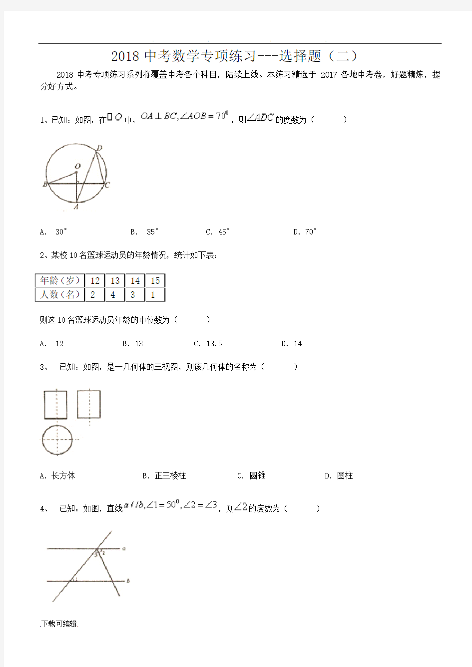 2018中考数学专项练习_选择题(二)