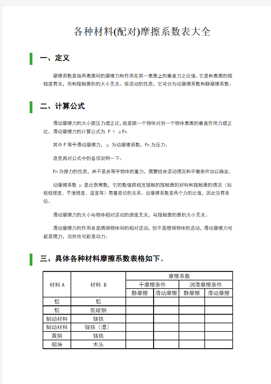 各种材料摩擦系数表大全