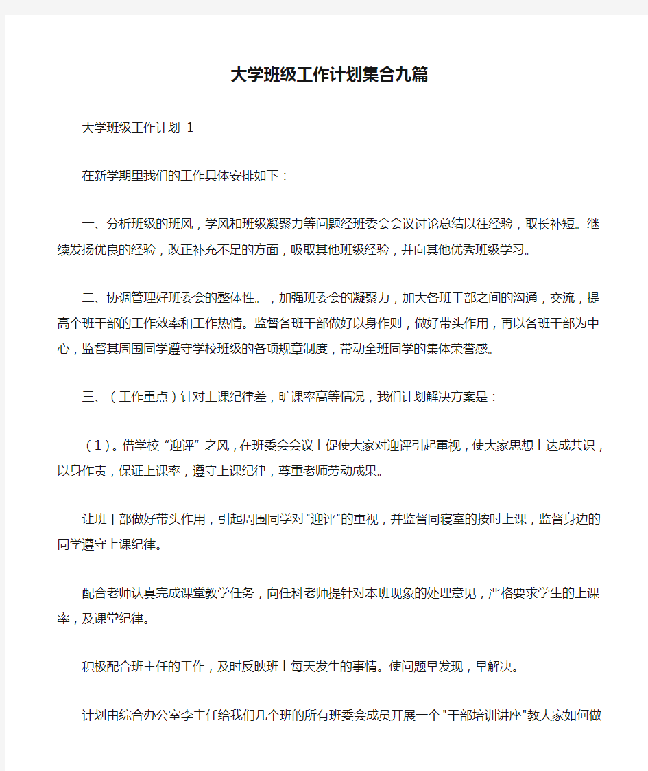 大学班级工作计划集合九篇