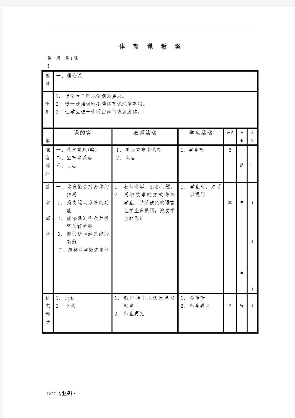 高二年级体育课教案