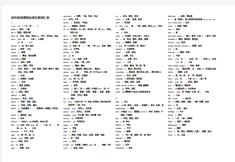 初中英语课程标准五级词汇表(打印版)