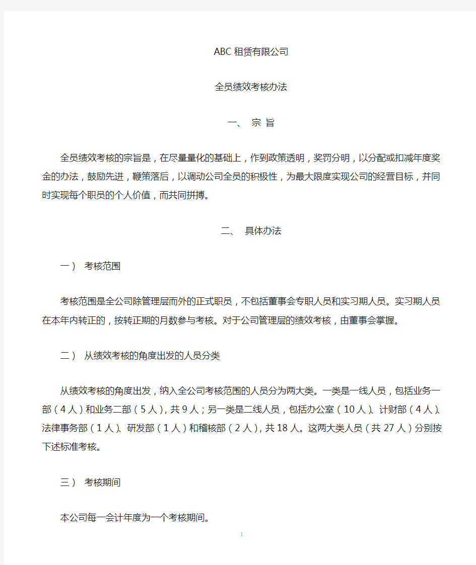 租赁有限公司全员绩效考核办法