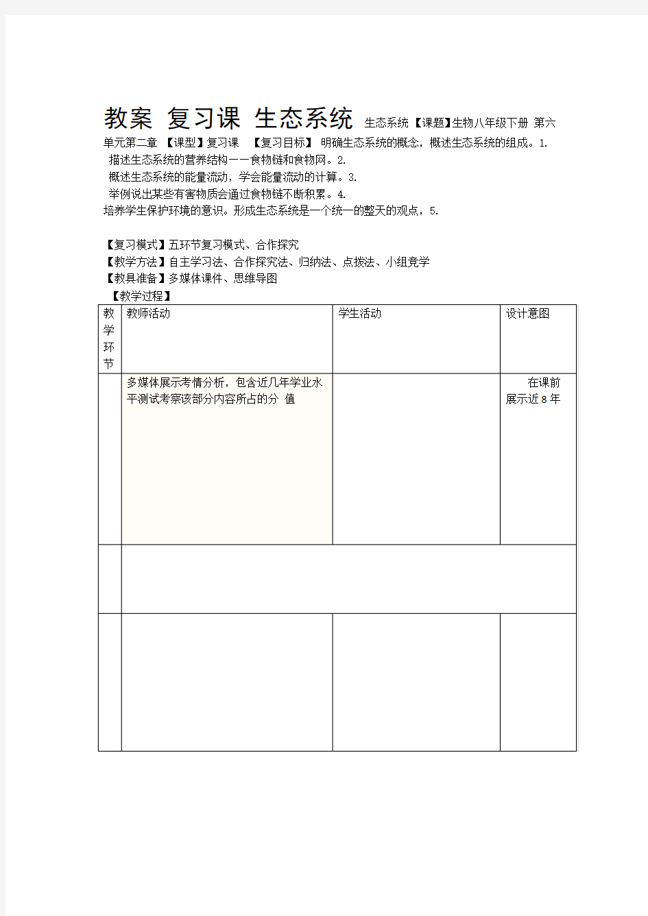 济南版生物八年级下册第六单元生物与环境第二章生态系统复习教案