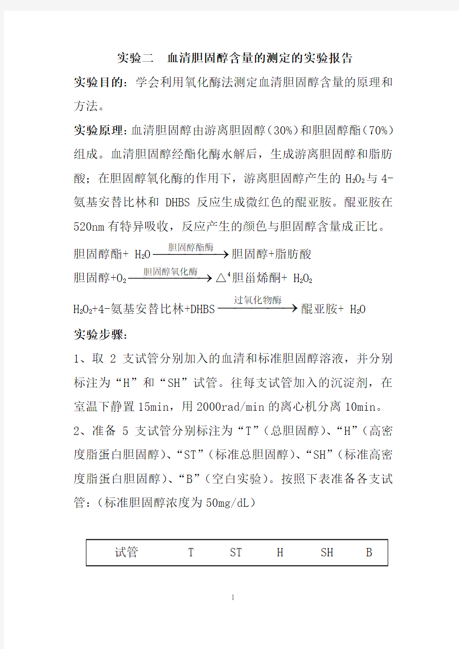 血清胆固醇含量的测定实验报告