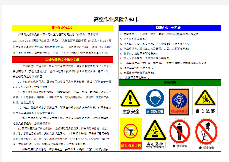 高空作业风险告知卡