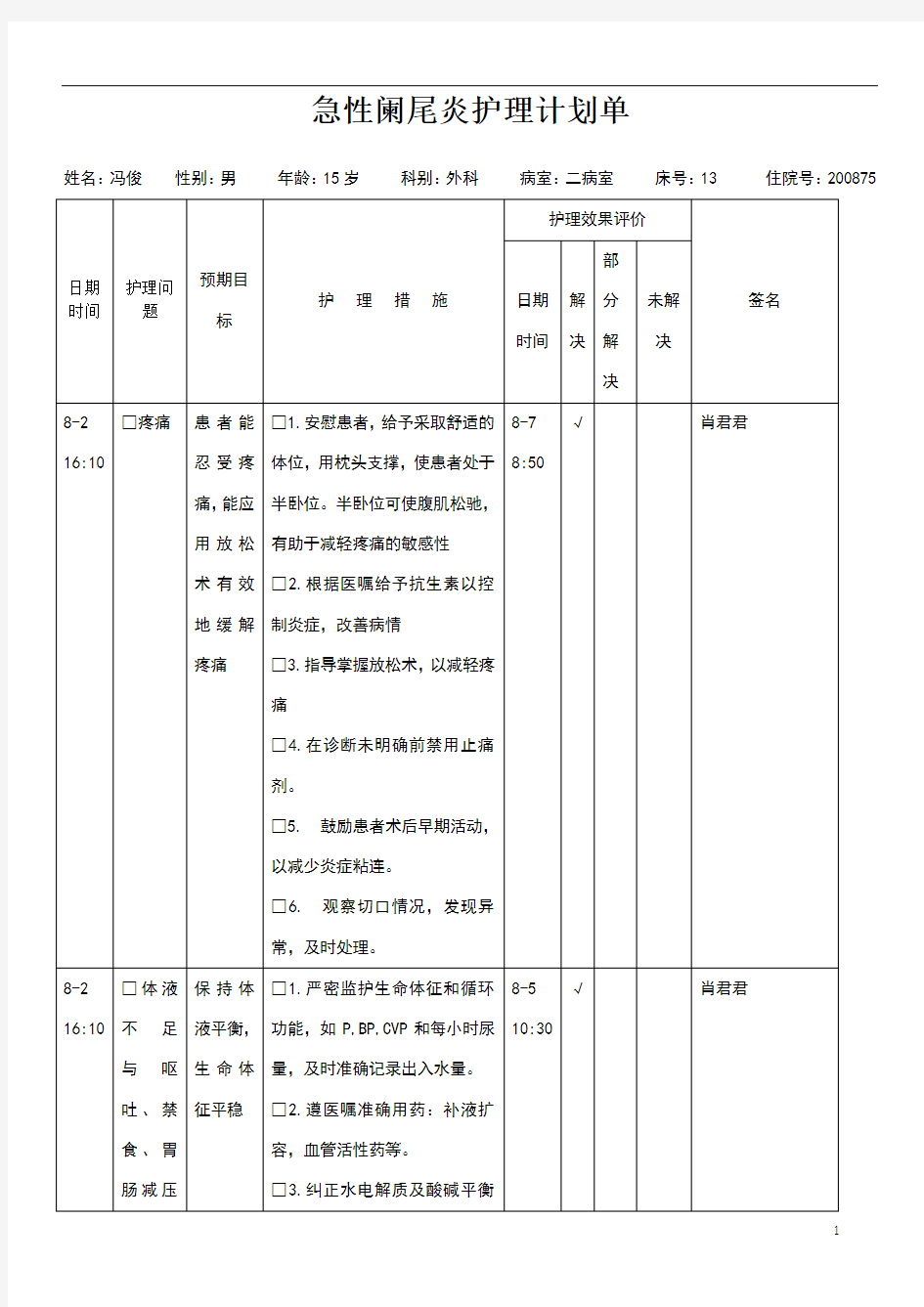 急性阑尾炎护理计划单