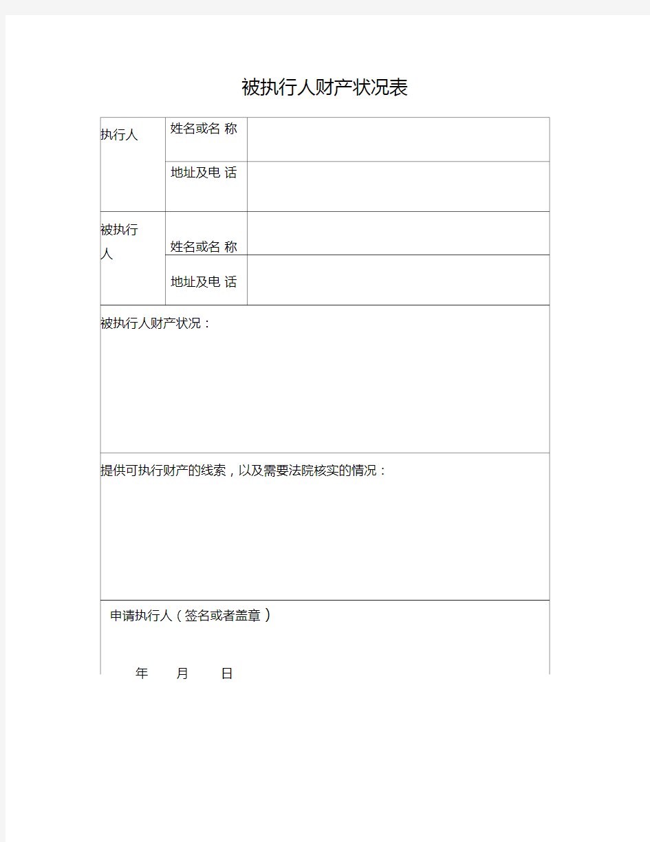 被执行人财产状况表(申请强制执行人向法院提供)