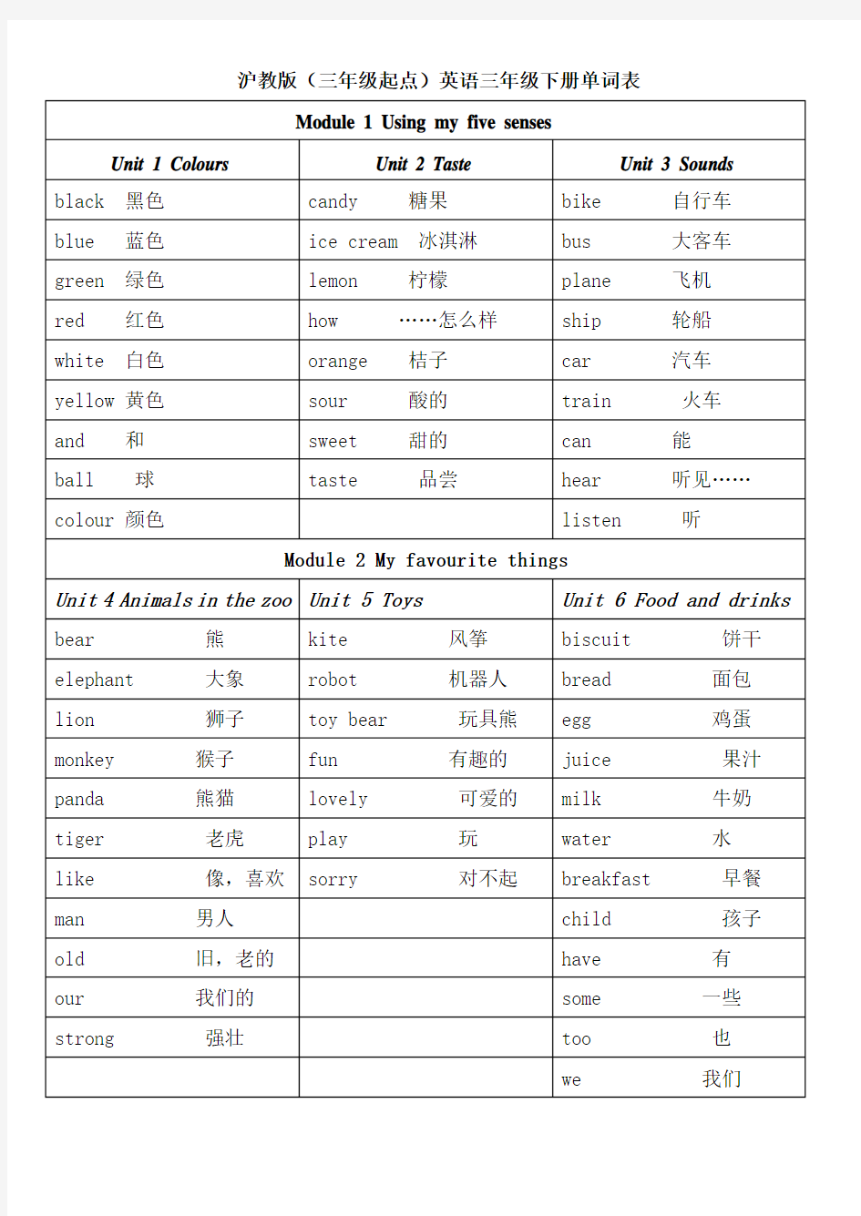 沪教版英语三年级下册单词表