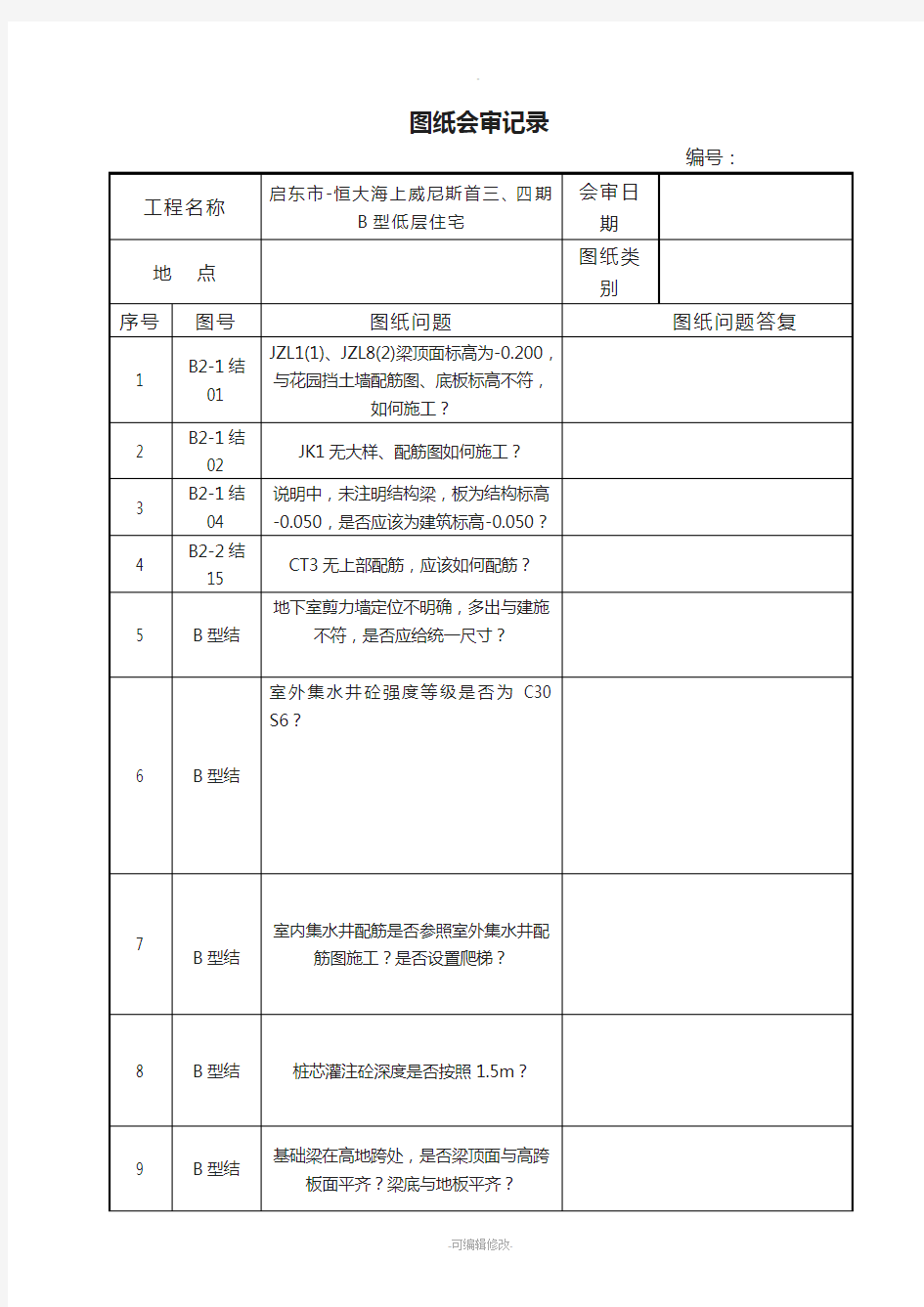 图纸会审表格模板