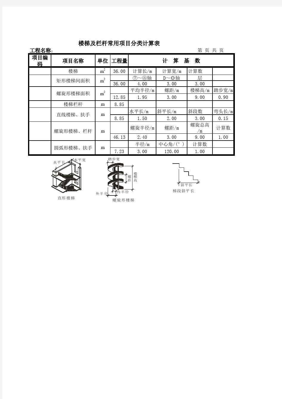 【建筑算量】土建常用项目分类工程量EXCEL自动计算表(楼梯及栏杆)