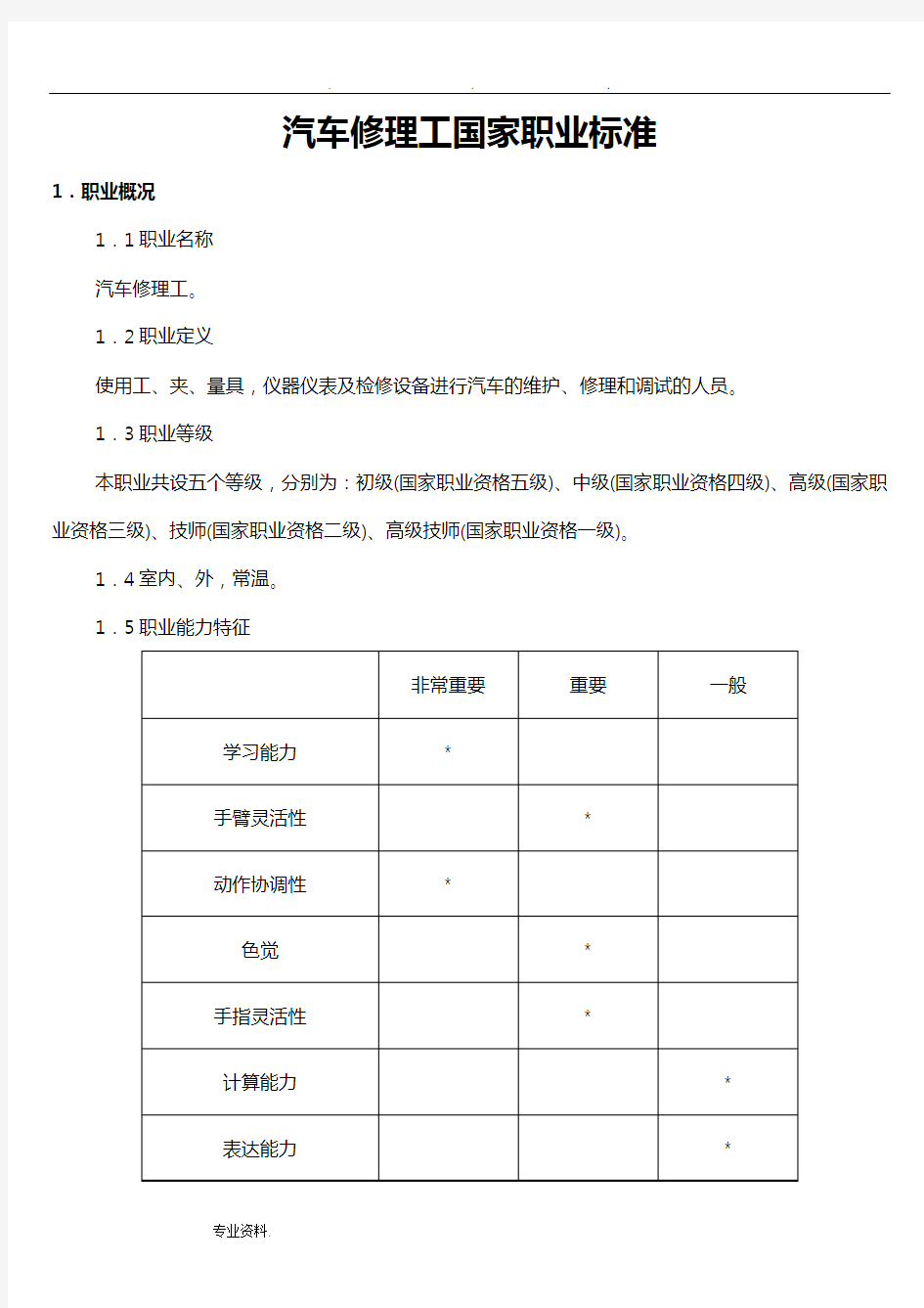 汽车修理工国家职业技能鉴定标准