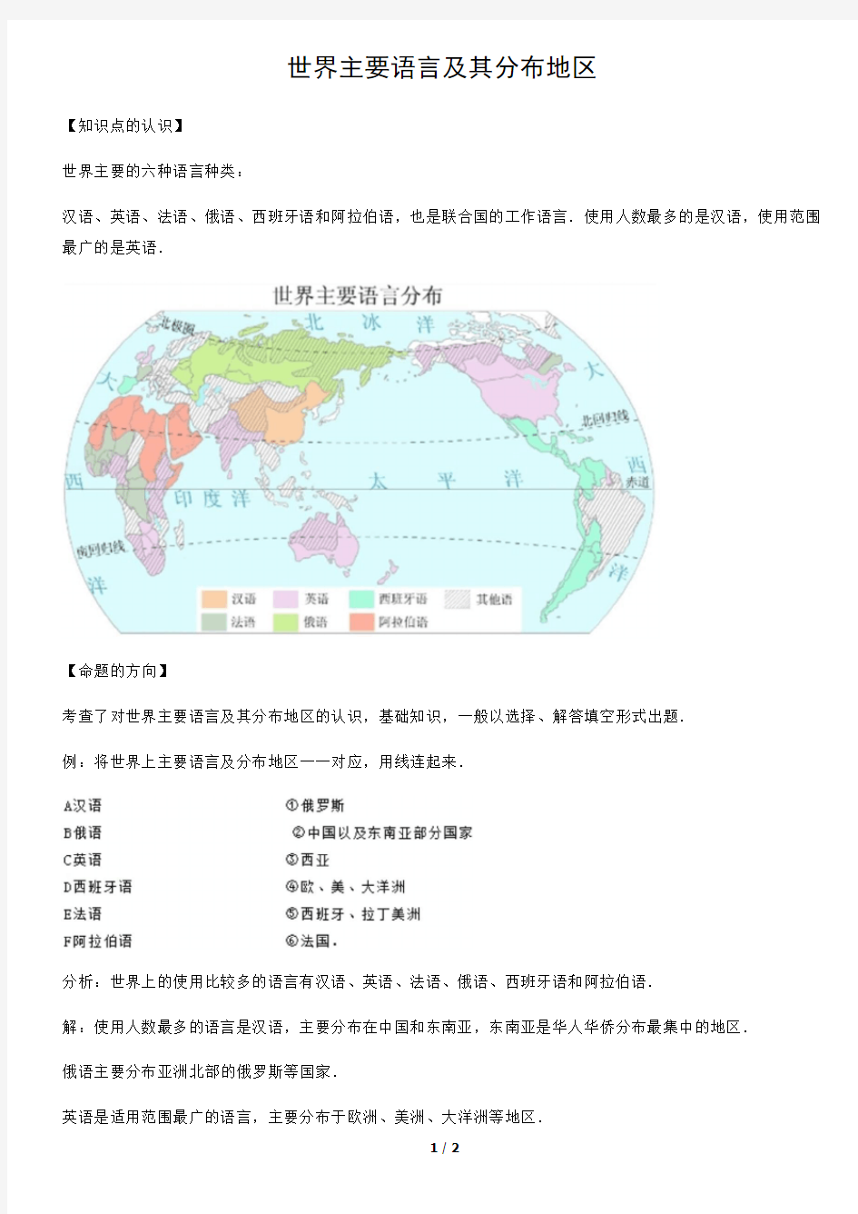 世界主要语言及其分布地区-初中地理知识