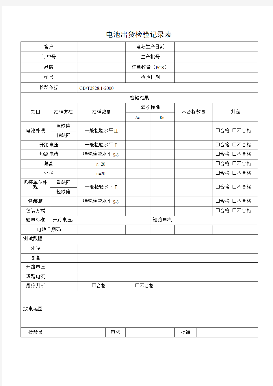 电池出货检验记录表