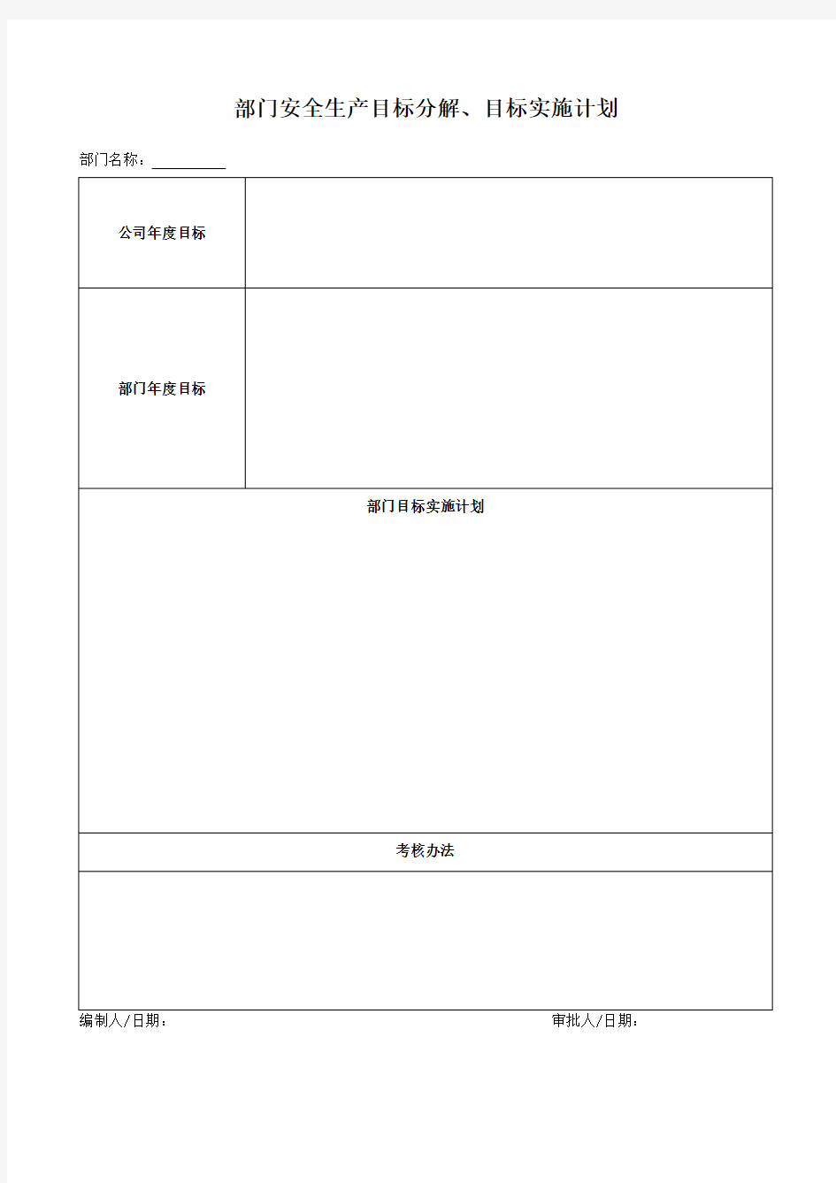 部门安全生产目标分解、目标实施计划