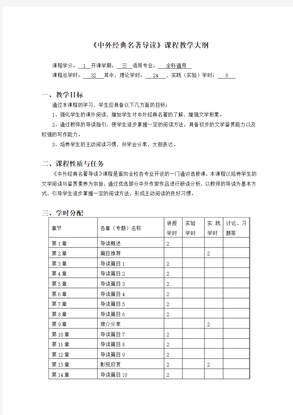 《中外经典名著导读》课程教学大纲