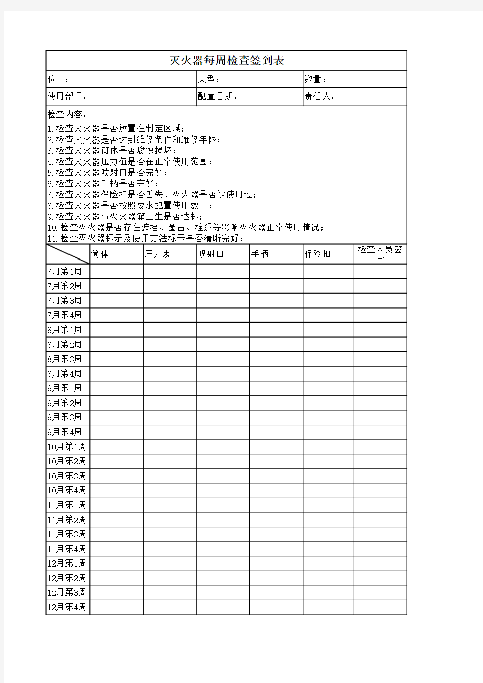 消火栓、灭火器检查表