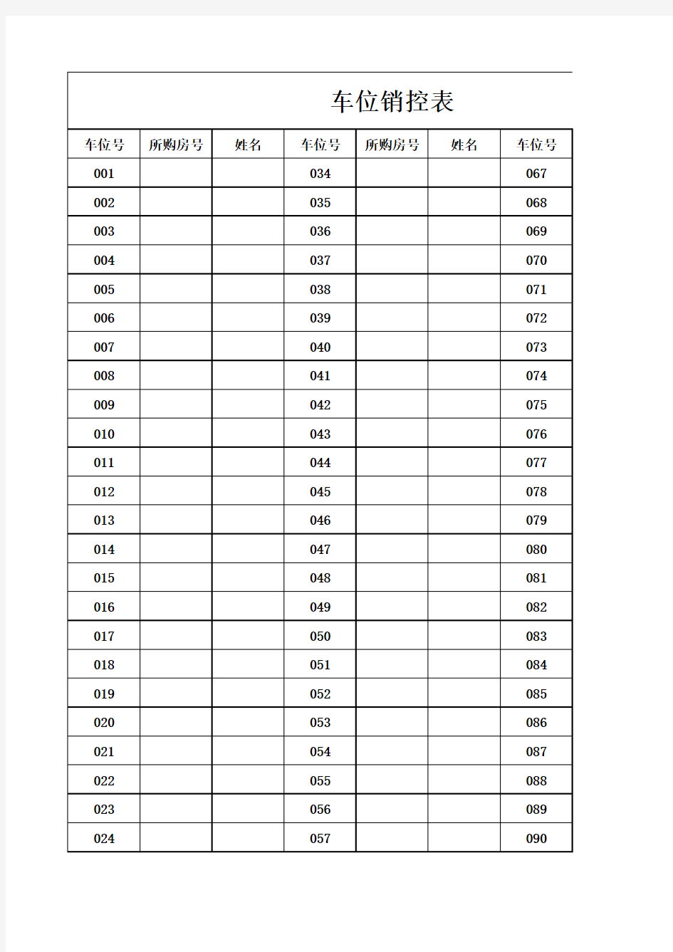 车位销控表