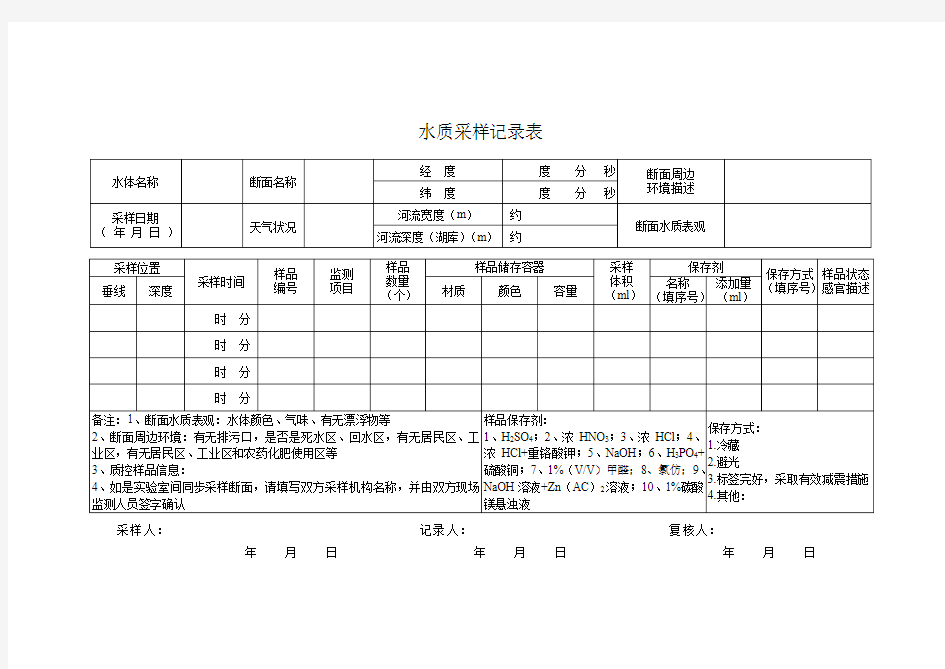 水质采样记录表