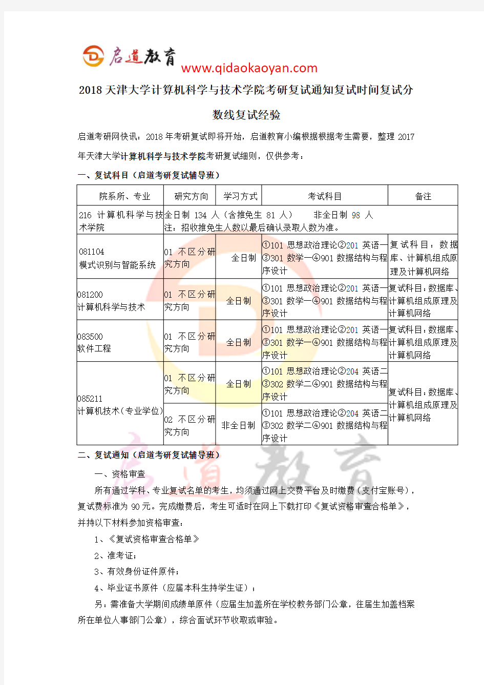 2018天津大学计算机科学与技术学院考研复试通知复试时间复试分数线复试经验