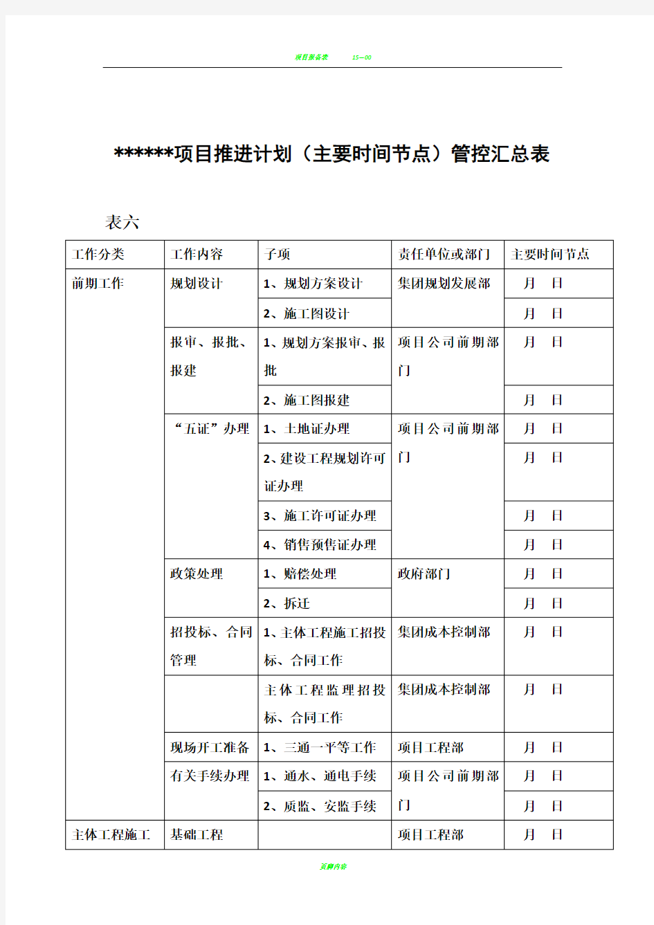 项目推进计划主要时间节点管控汇总表