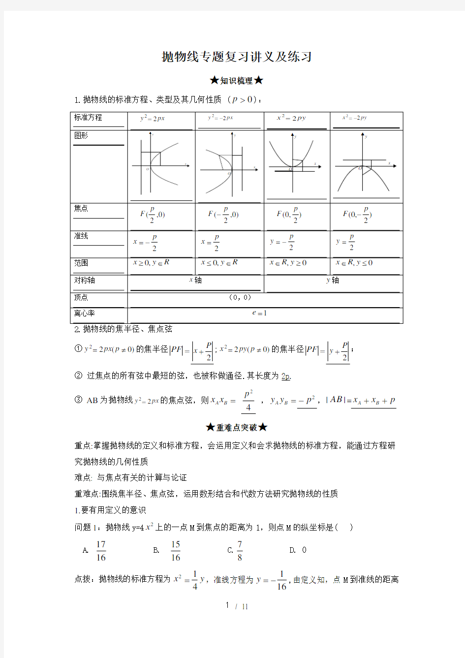 抛物线专题复习讲义及练习