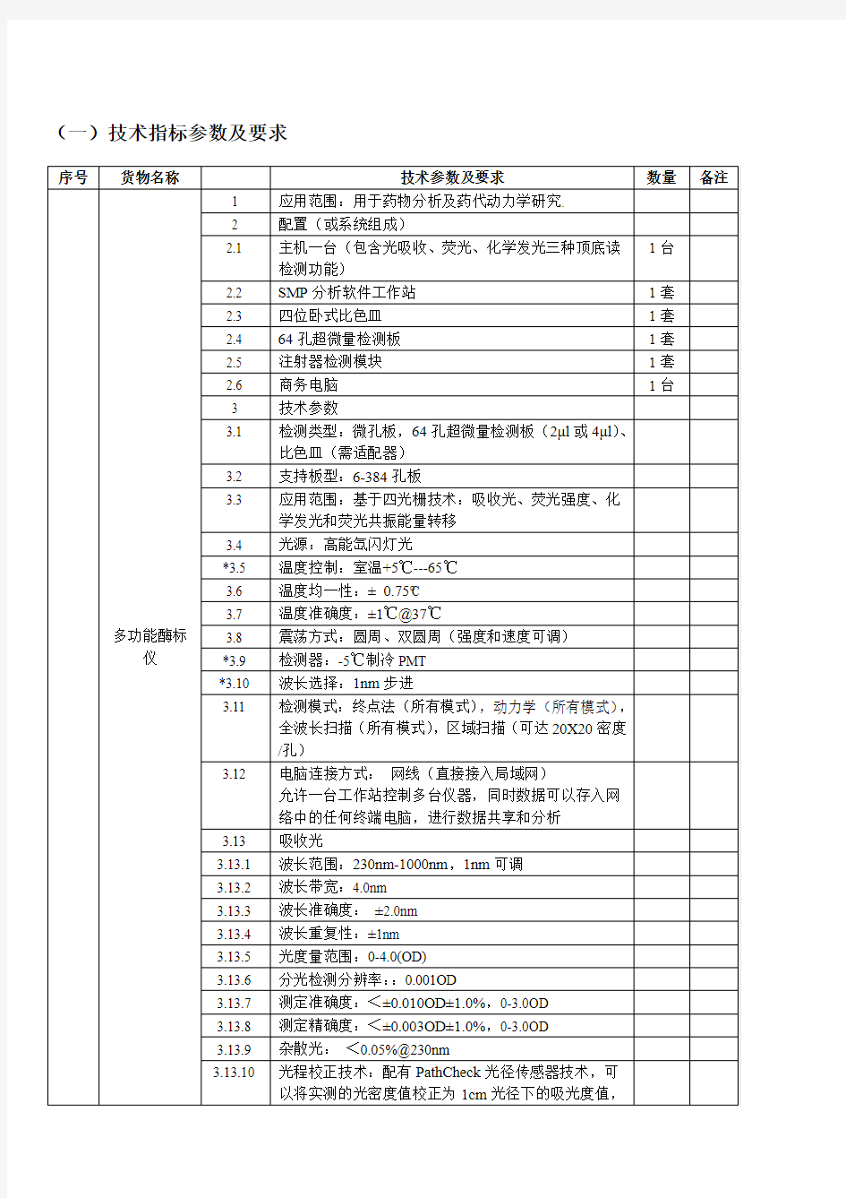 (一)技术指标参数及要求