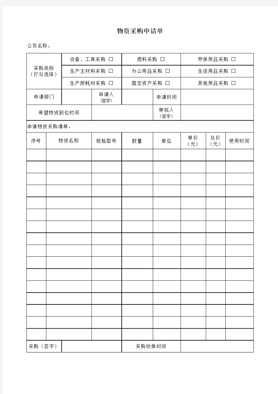 物资采购申请单