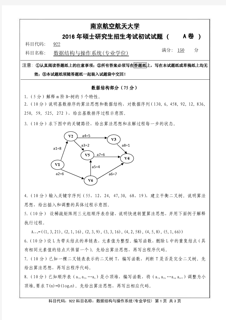 2016年南京航空航天大学922数据结构与操作系统真题