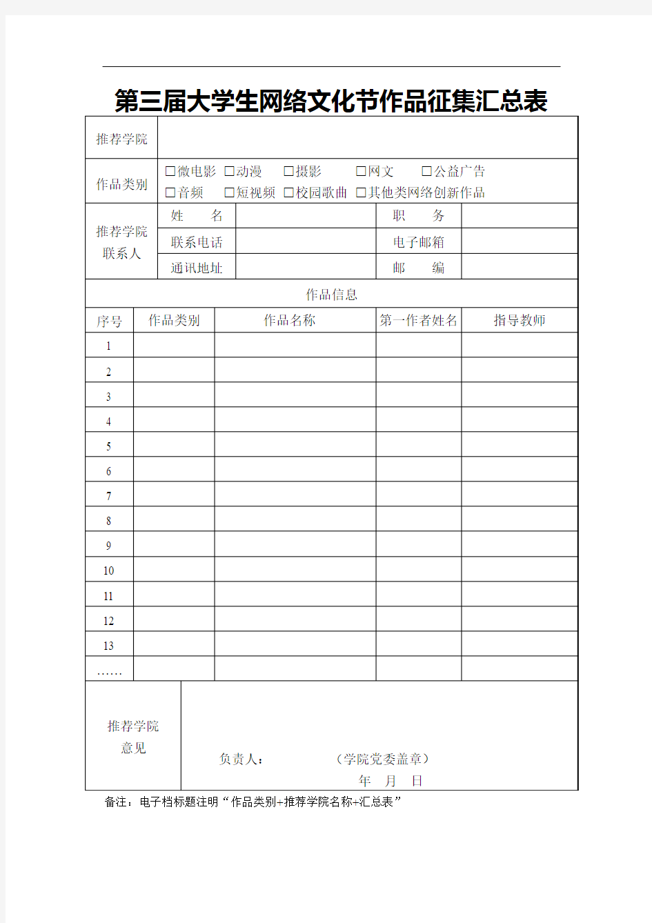 第三届大学生网络文化节作品征集汇总表