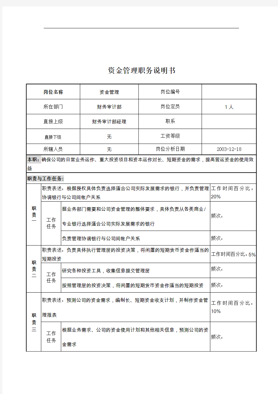 企业资金管理员岗位职务描述