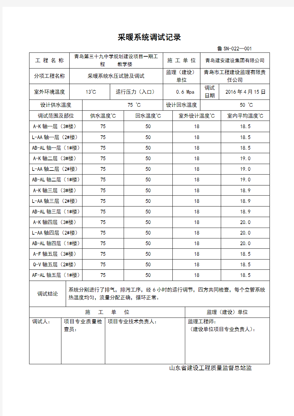 采暖系统调试记录