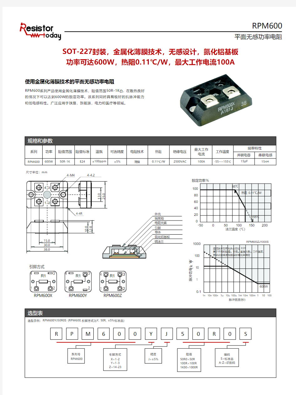 Resistor.Today-RPM600系列SOT-227封装平面无感功率电阻规格书