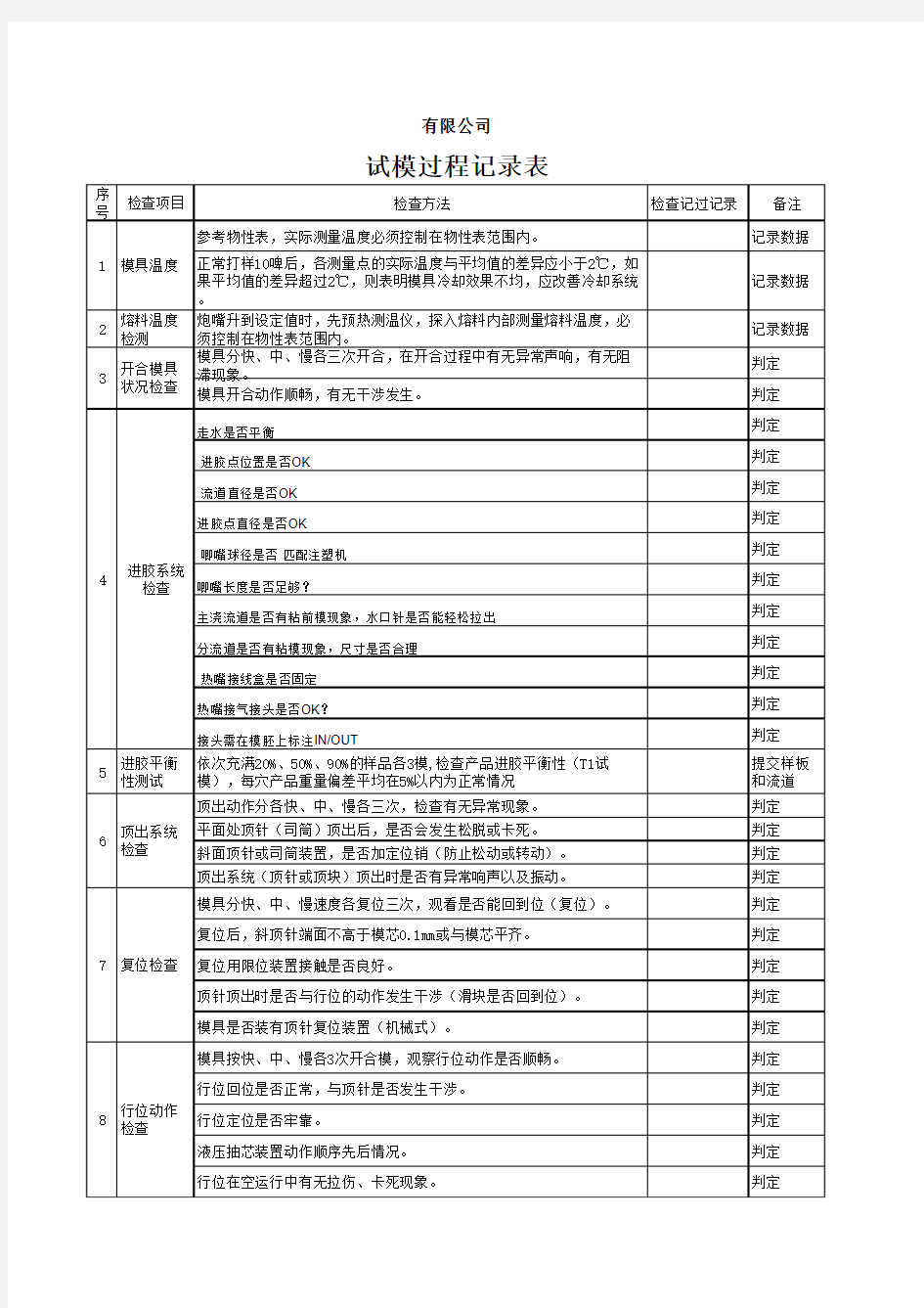 试模过程记录表