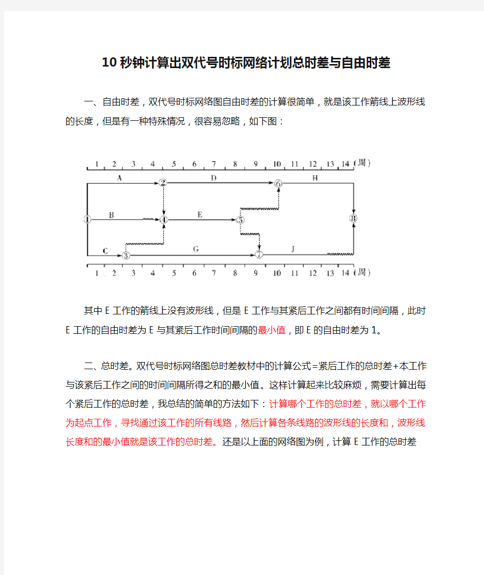 10秒钟计算出双代号时标网络计划总时差与自由时差