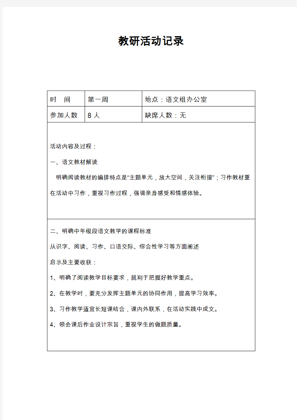 2013-2014第二学期初中语文教研组活动记录