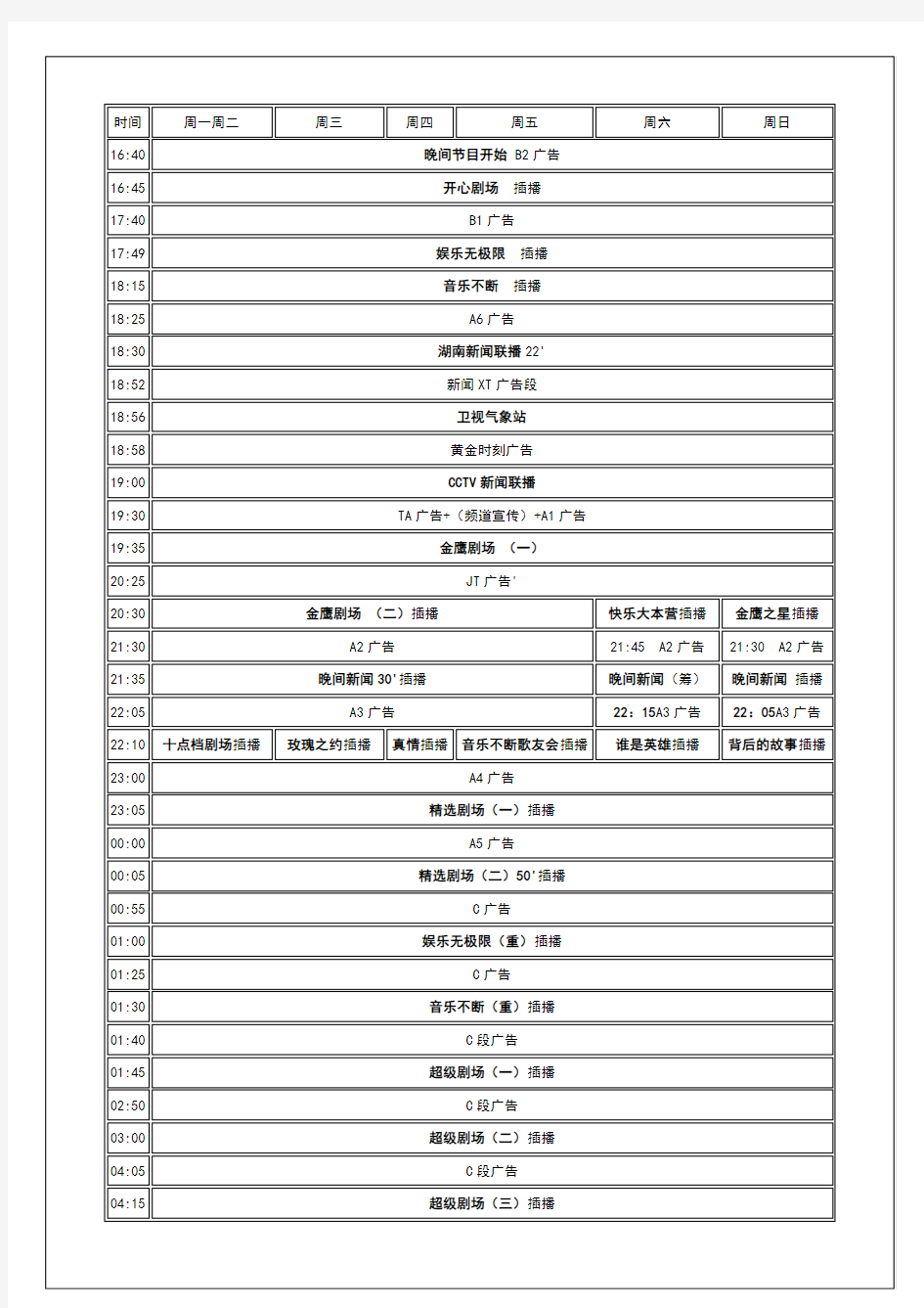 湖南卫视2004年节目,广告编排表