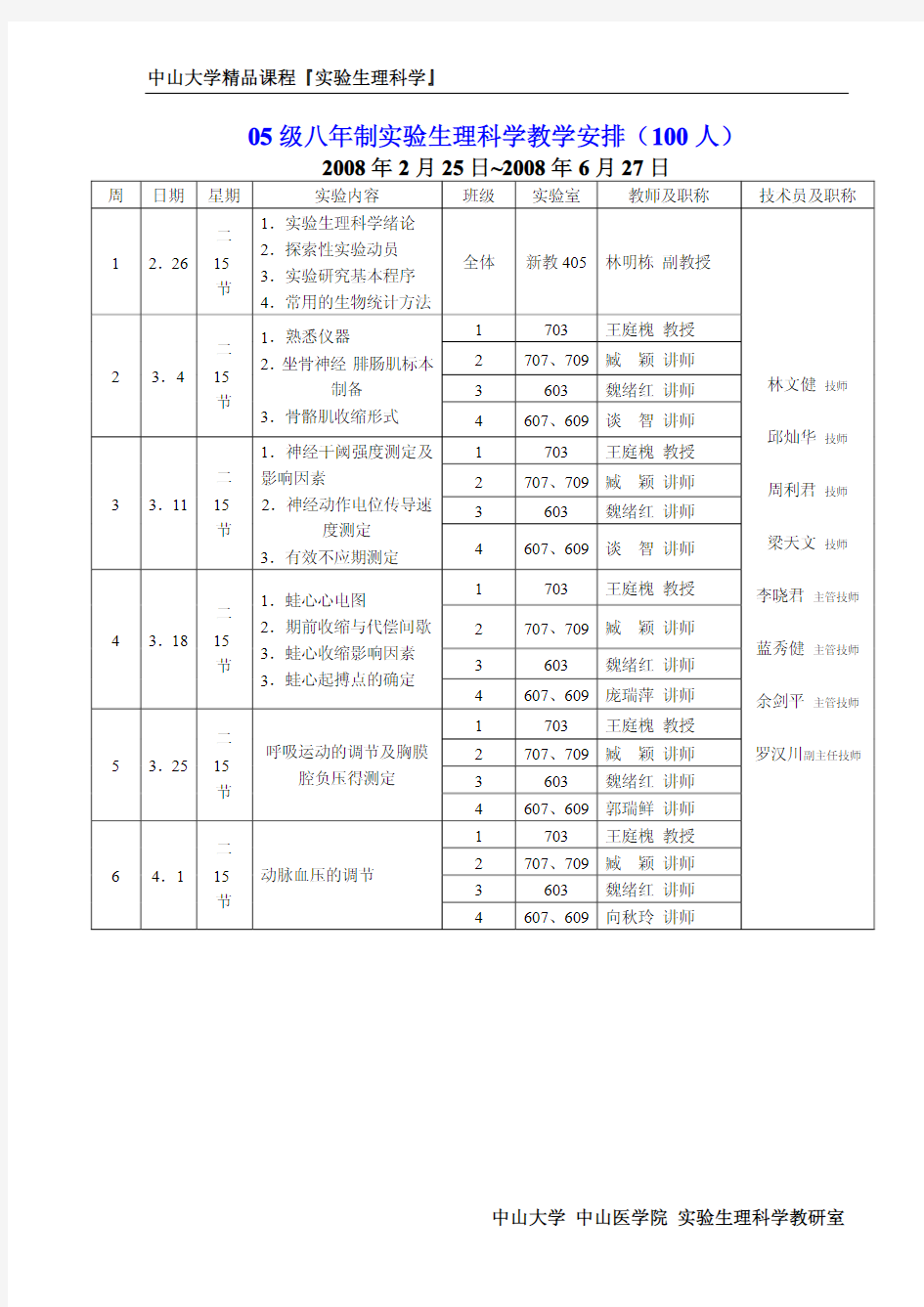 05 级八年制实验生理科学教学安排(100 人)