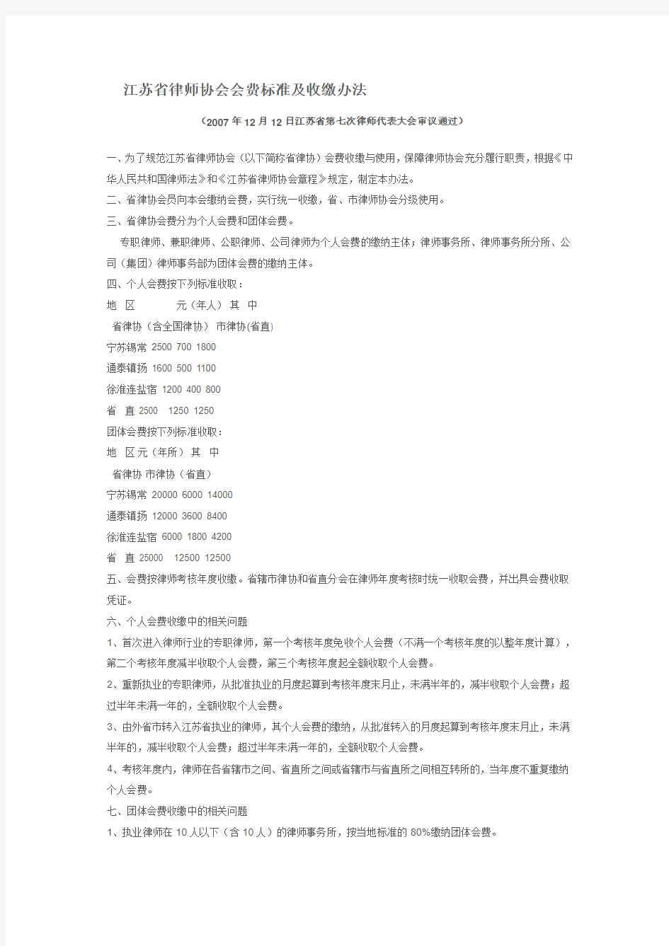 江苏省律师协会会费标准及收缴办法