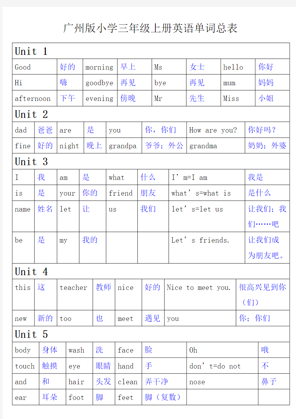 广州版小学三年级上册英语单词总表