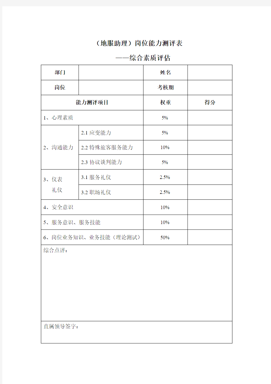 岗位能力测评表