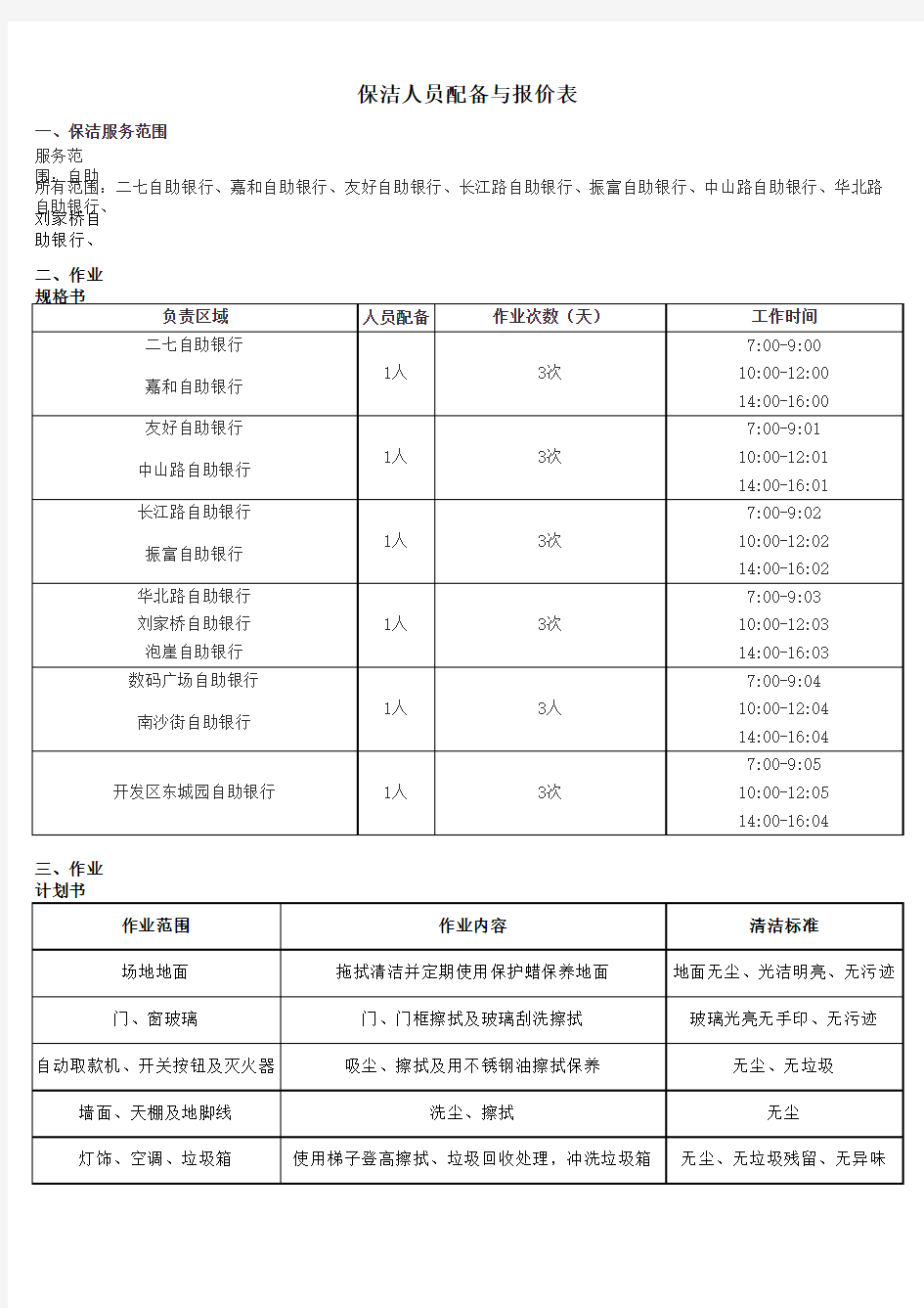 保洁人员配备与报价表