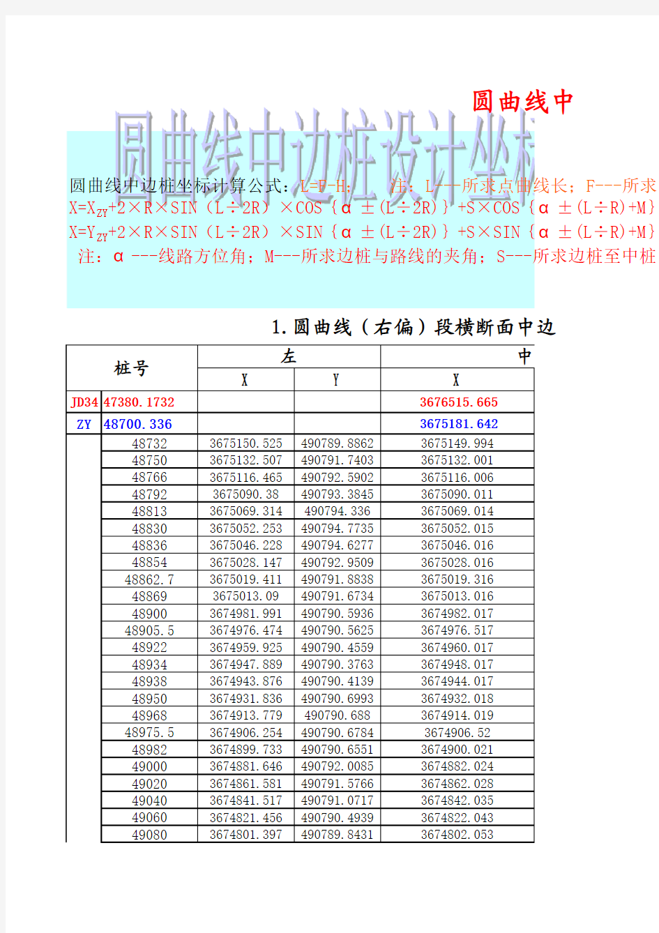 公路圆曲线中边桩坐标计算公式