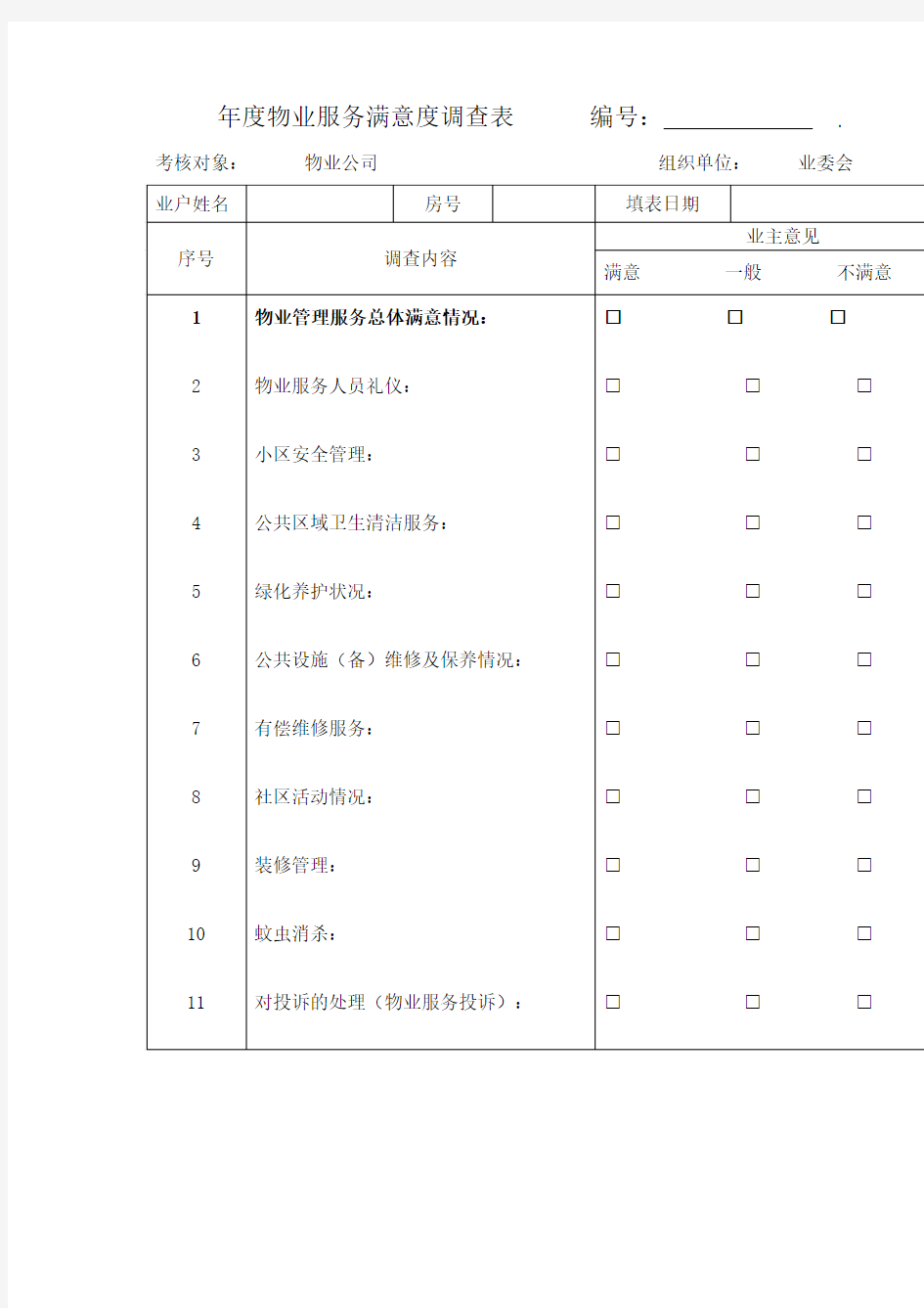 住宅小区年度物业服务满意度调查表