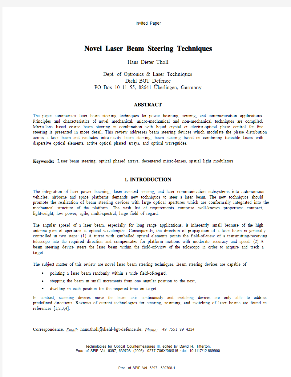 外文文献Novel Laser Beam Steering Techniques(新型激光束转向技术)