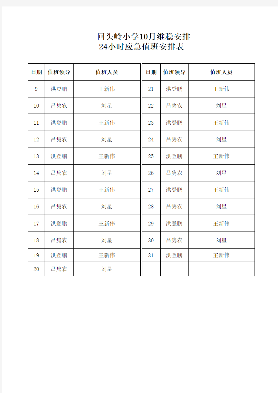 24小时应急值班安排表