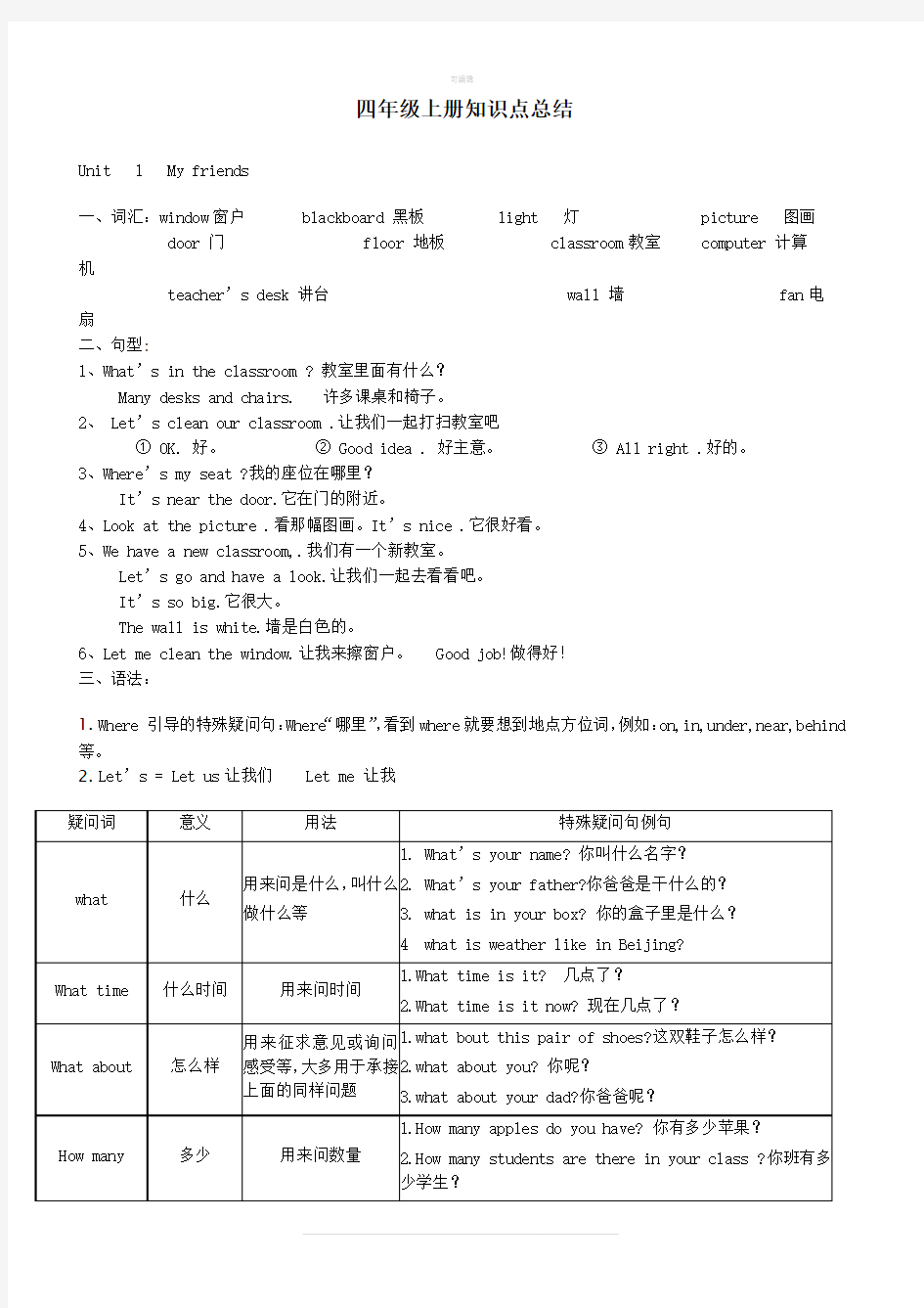 小学四年级上册英语知识点归纳整理